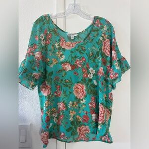 Beautiful Teal Floral Ruffle-Sleeve Blouse